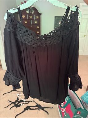 Black Off-Shoulder Crochet-Trim Women's Blouse
